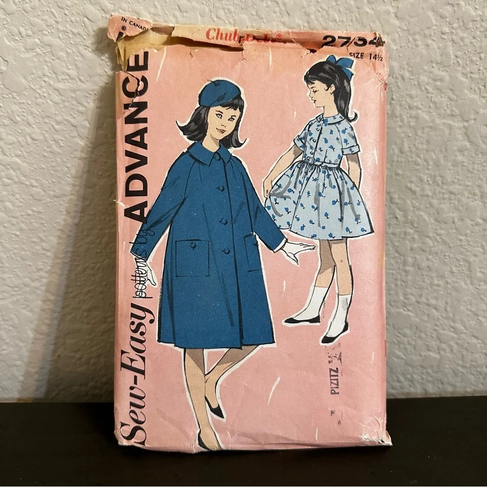 Vintage Sewing Pattern Sew Easy Advance Girls Dress Coat 1960s Size 14.5 Classic